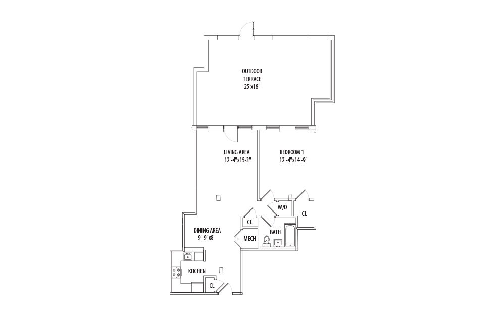 1 Bedroom w/ Private Patio - 1 bedroom floorplan layout with 1 bath and 806 square feet (1st floor 2D)