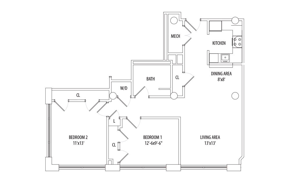 2 Bedroom - 2 bedroom floorplan layout with 1 bath and 919 square feet (1st floor 2D)
