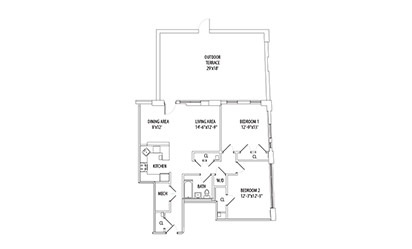 2 Bedroom w/ Private Patio - 2 bedroom floorplan layout with 1 bath and 1070 square feet