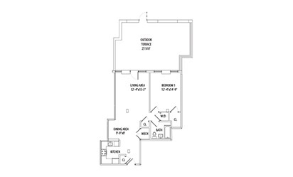 1 Bedroom w/ Private Patio - 1 bedroom floorplan layout with 1 bath and 806 square feet
